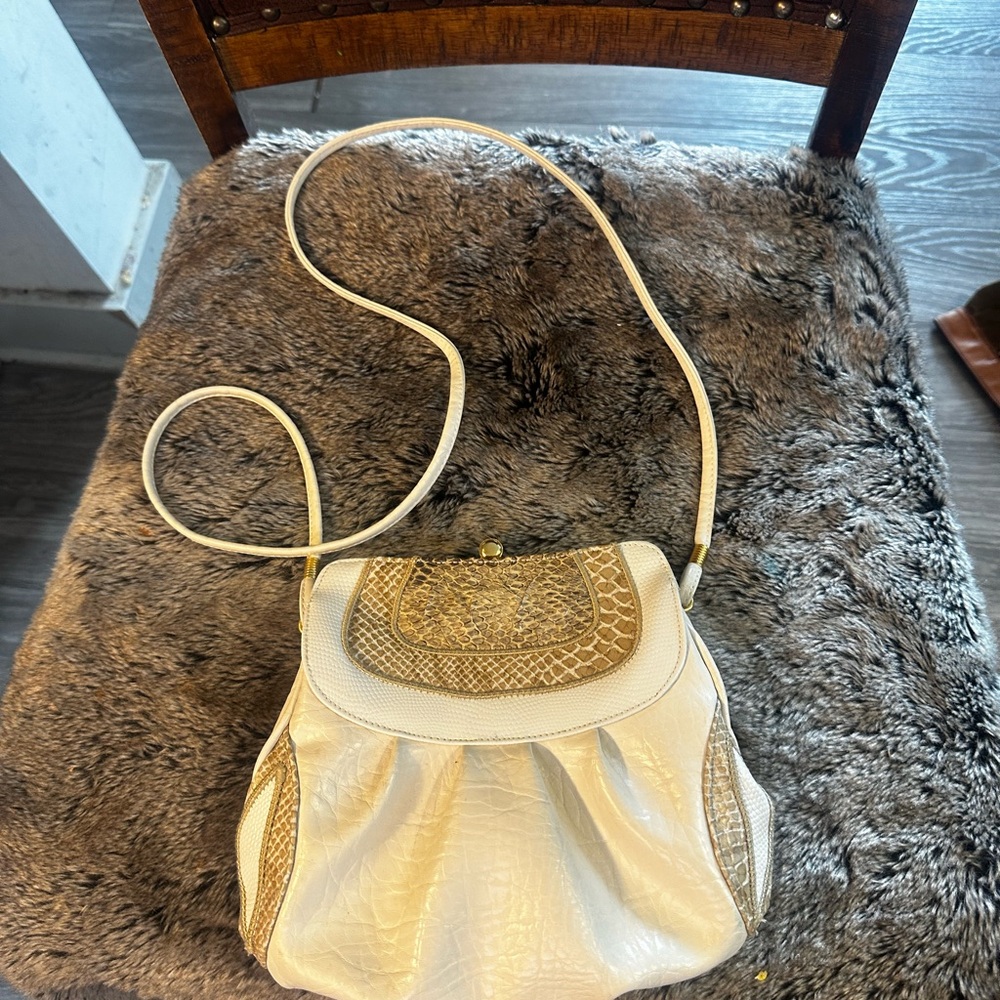 Vintage Sylvia Cee Snakeskin Turn Lock Shoulder/ Crossbody Cream & Tan Bag